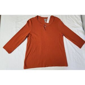 Chico's Wowens Size 0 Basic Top Tangerine Crew Neck with round accent‎ NWT$44.95